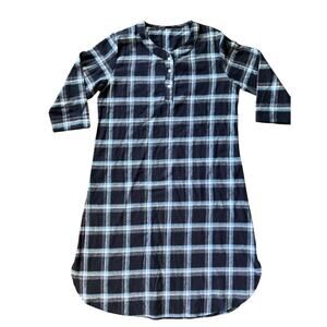 Latuza Women’s Cotton Flannel Sleep Shirt Blue Plaid Henley Nightgown Sz M